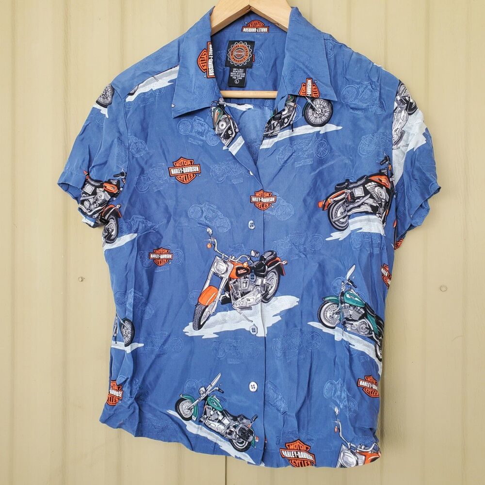 Harley Davidson Short Sleeve Button Down Shirt Size Large 100% Silk